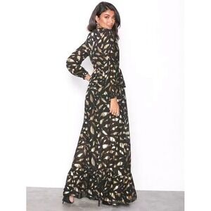 GRACIA Black Gold Feather Print Long Sleeve Maxi Dress Medium Sheer Whimsigoth